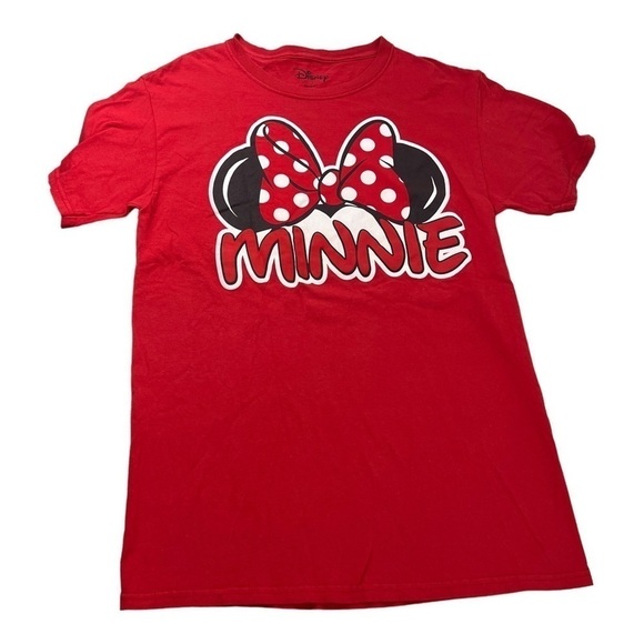 Disney Minnie Mouse Spell Out Polka Dot Bow Ears Red T-Shirt Woman’s size Small - Picture 2 of 6